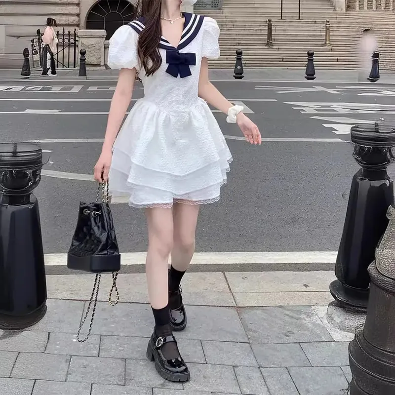 Women's White Sailor Collar Navy Bow Dresses Bubble Sleeve Tiered Ruffle Short Dress Sweet Casual Cute Style Dress