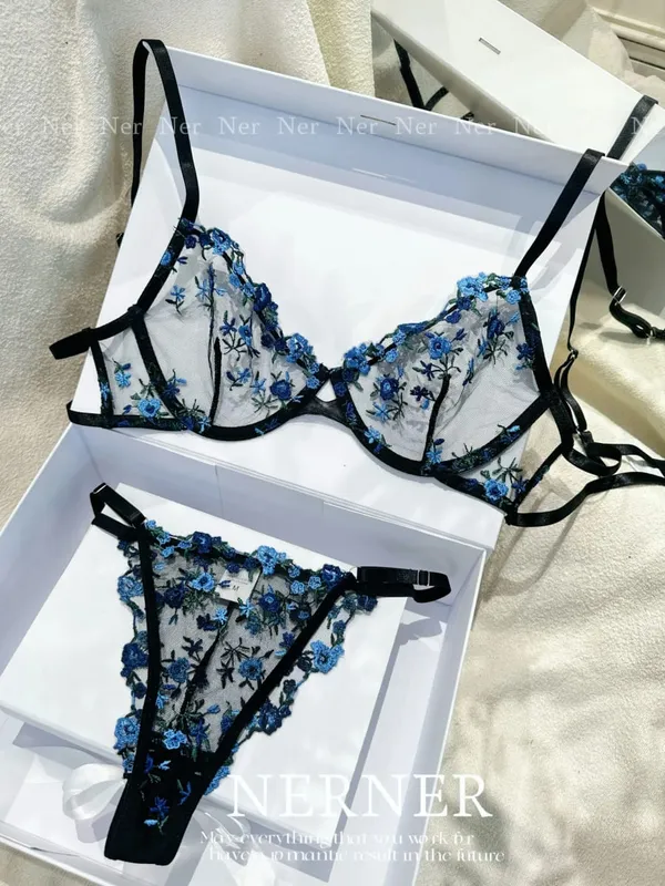 Transparent Floral Lace Embroidery Bra Set Summer Thin Minimizer Underwear Soft Breathable Full Bust Female Home Daily Wear S-XL — image 10