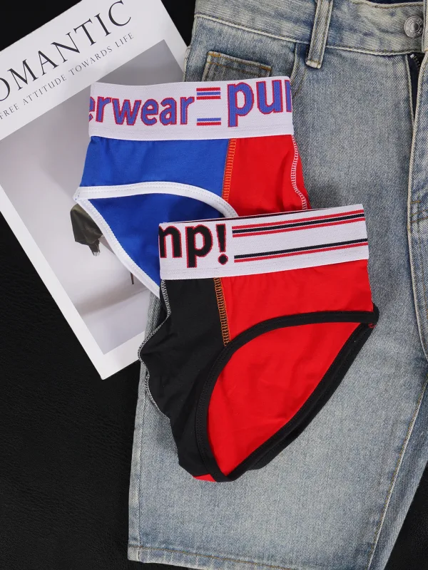 Men's Cotton Color Block Briefs, Pump! Logo Wide Waistband Low Rise Sexy 3D Convex Pouch Underwear