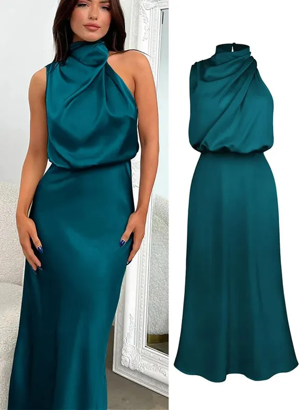 Letní luxusní hedvábný satén dlouhé šaty bez rukávů Dámská móda Elegantní šaty pro celebrity Večerní šaty Společenské oblečení Dámské — image 9