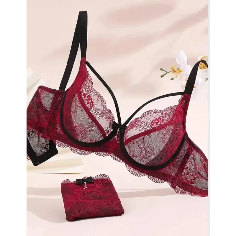 Sexy Minimizer Bra Set Full Cup Ultra Thin Lace Gathered Plus Size 34-42 Big Breast To Small Breast Support Comfort Lingerie