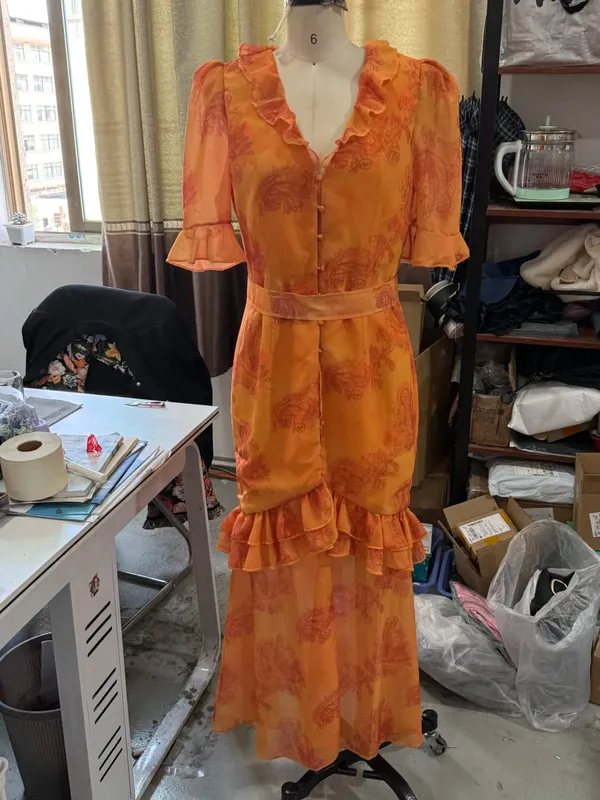 女款花卉印花雪紡長裙浪漫深V領飄袖高低蕾絲邊洋裝2026夏季優雅女士禮服
