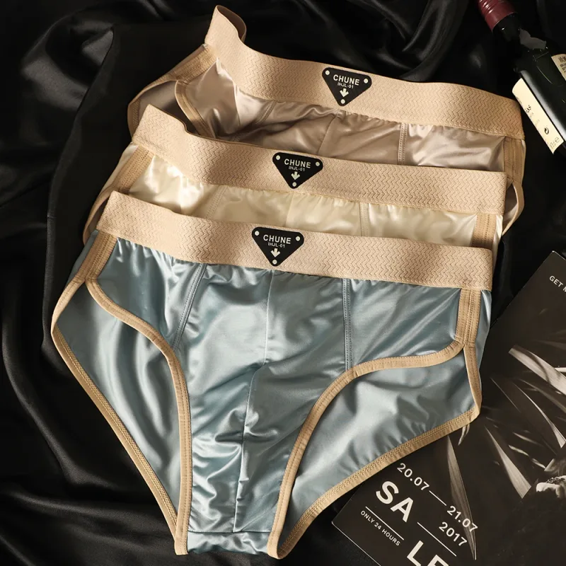 3PCS/Pack Luxury Satin-like Men's Briefs Ice Silk Hygroscopic Breathable Mesh Crotch Panties Soft High Elastic Man Underwear