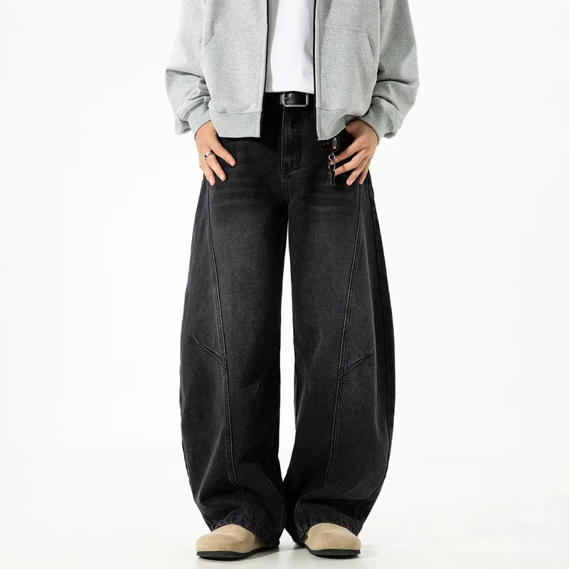 Autumn Retro Structured Split Washed Distressed Curved Jeans with Men's Silhouette Loose Straight Leg Pants Trendy Street Style
