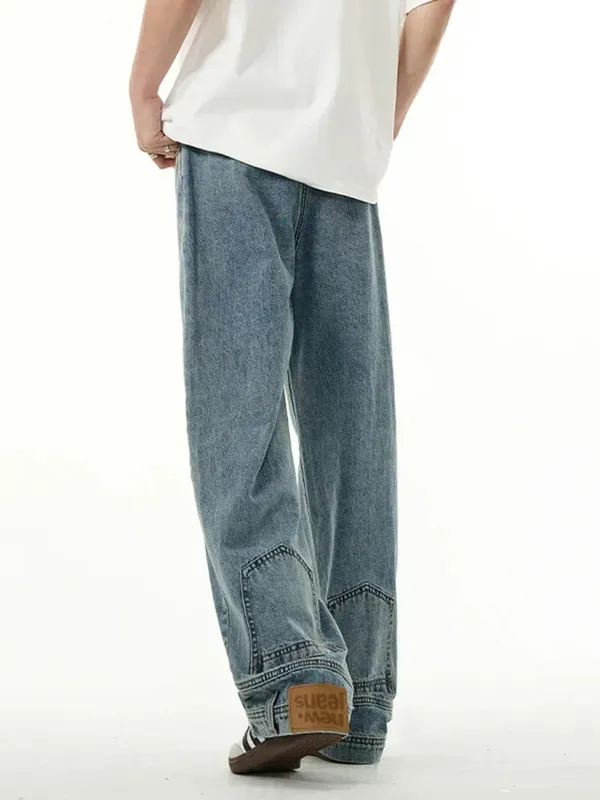 Autumn Men's High Street Fashion Baggy Jeans Reverse Pocket Design Straight Wide Leg Denim Trousers Solid Color Y2K Vintage Jean