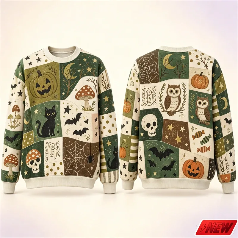 Halloween Splicing Patterns Sweatshirt Herr 3D Print Pumpa Cat Långärmad Pullover Hoodie Quick Dry Holiday Costume Top Unisex