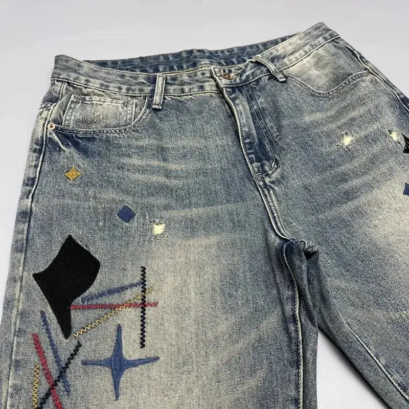 Trendy Edgy And Stylish Men's Jeans With Patchwork Embroidery And Prints Loose-fitting Straight Leg — image 3