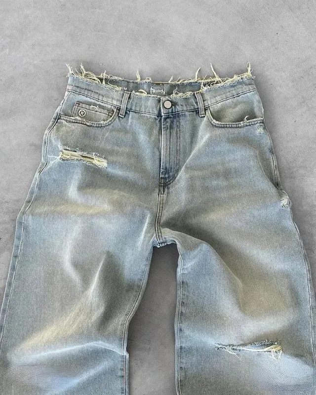 Straight Jeans Distressed Men Jean Ripped Holes Washed Denim Pants Ankle Length Loose Solid Zipper Fly Pockets Casual 2026