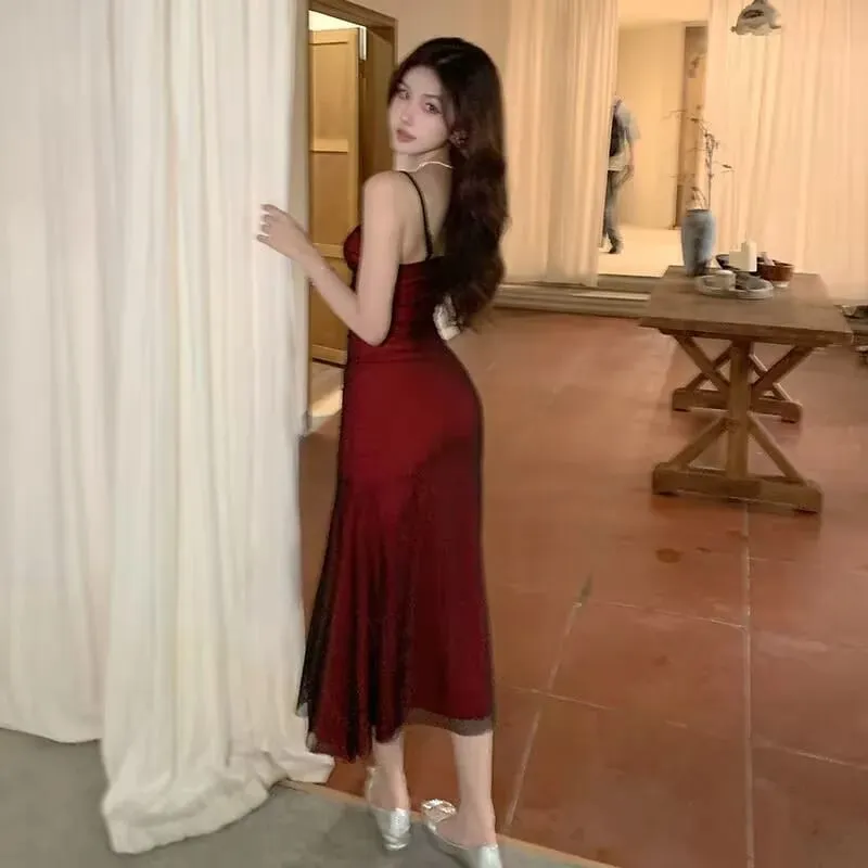 Abito lungo con corsetto aderente senza maniche da donna francese, cinturino per spaghetti rosso vino, elegante abito da sera lungo vintage