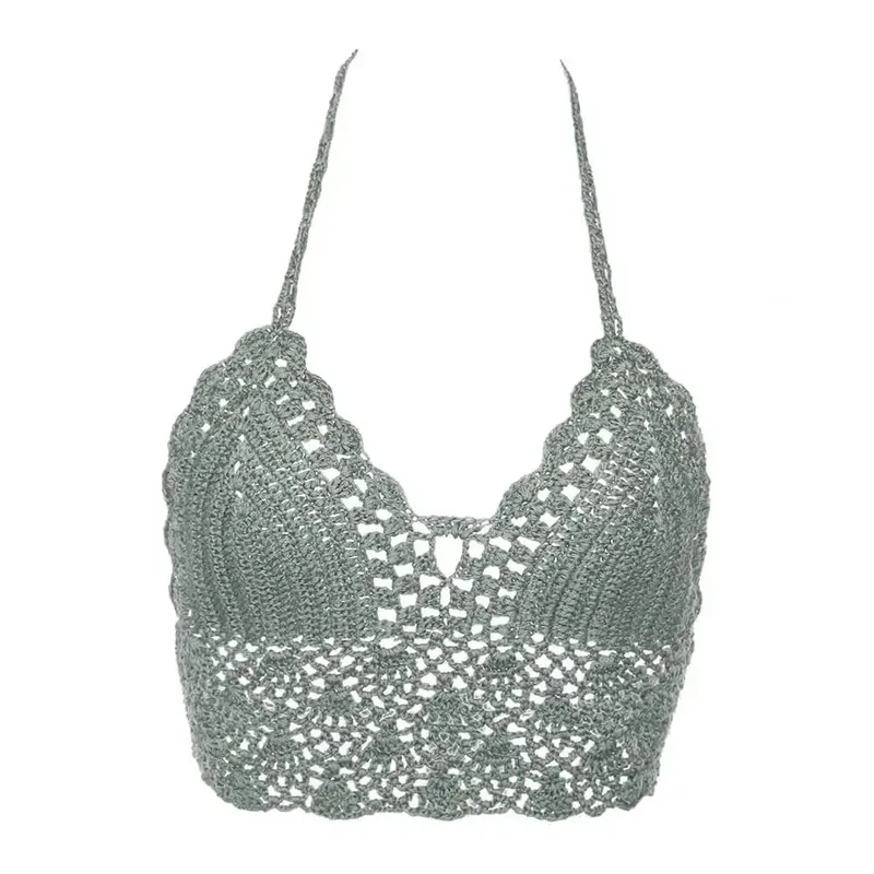 New Sexy Bikini Crop Top Crochet Boho Beach Camisoles Bikini Bralette Halter Cami Knitted Bra Women Backless Beachwear Tank Top