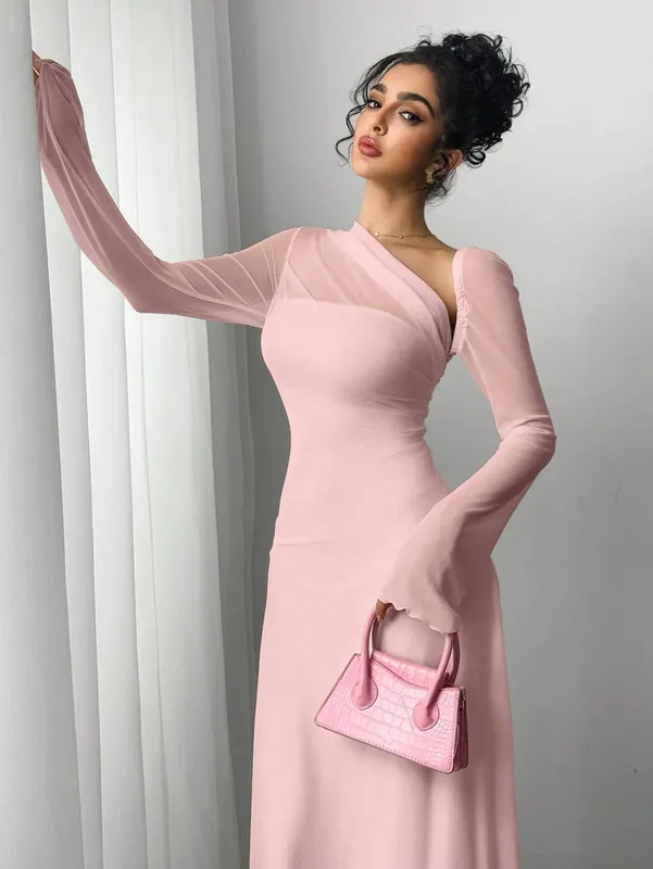 New spring/summer women's pink tulle explosion slim irregular diagonal shoulder ultra long dress