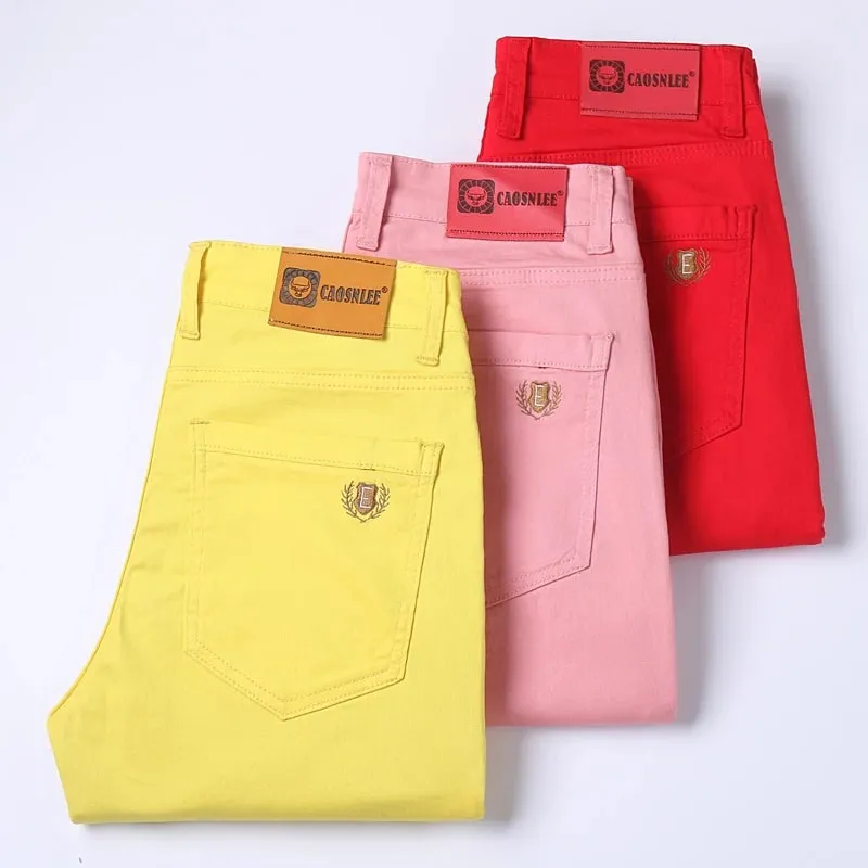 Yellow Pink Red Men's Colorful Denim Stretch Jeans New Elastic Slim Male Clothing Simple Business Denim Trousers