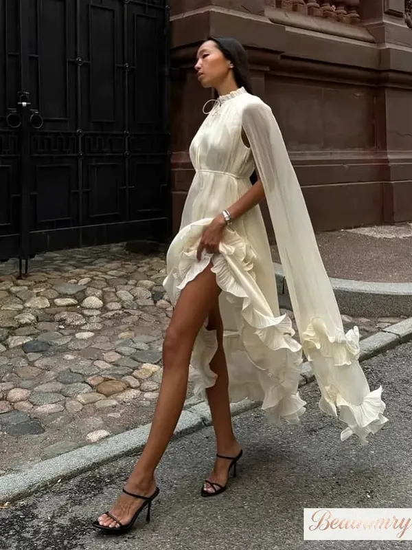 Abito maxi con volant multistrato solido Abito elegante senza maniche con spalle scoperte a vita alta da donna 2026 Abbigliamento femminile per le vacanze