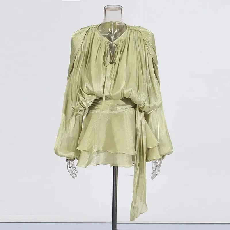 Solid Patchwork Lace Up Blouse Mini Dresses For Women V Neck Long Sleeve Sweet Style Dress Female Clothing Fashion