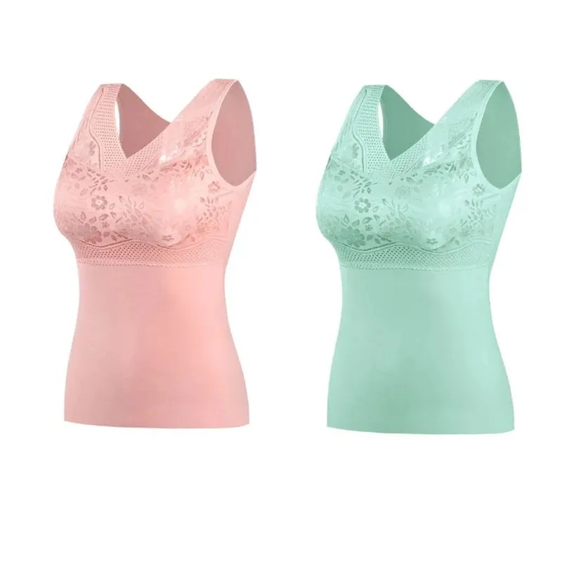 Women Winter Lace Padded Thermal Vests Soft Skin‑Friendly Undershirts Comfortable Sleeveless Inner Versatile Daily Tank Tops
