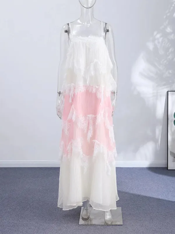 Lace Spaghetti Strap Puffy Dresses Women's Slim Sleeveless Backless Floor-length Dress 2026 New Ladies Summer Vacation Outfit