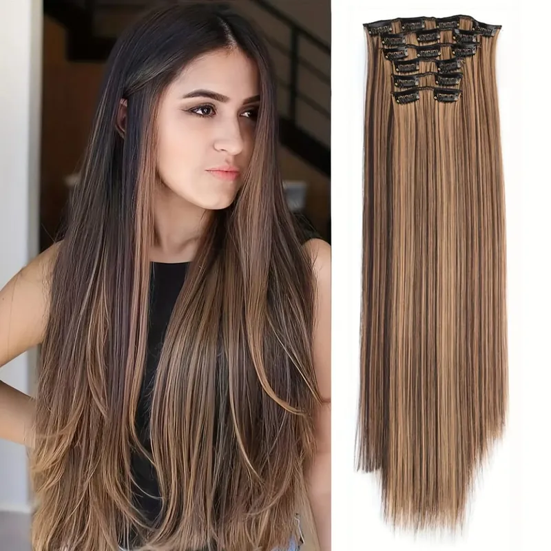 Clip In Hair Extensions Hair Extensions Thick Long Lace Weft Lightweight Synthetic Hairpieces For Women Chocolate Brown With Go