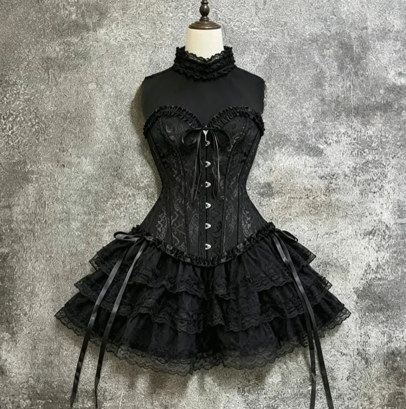 Japanese E-girl Gothic Vintage Dress Women Half High Neck Short Sleeve Bow Lace Mini Dress Cinch Waist Sweet Spicy Black Dress — image 7