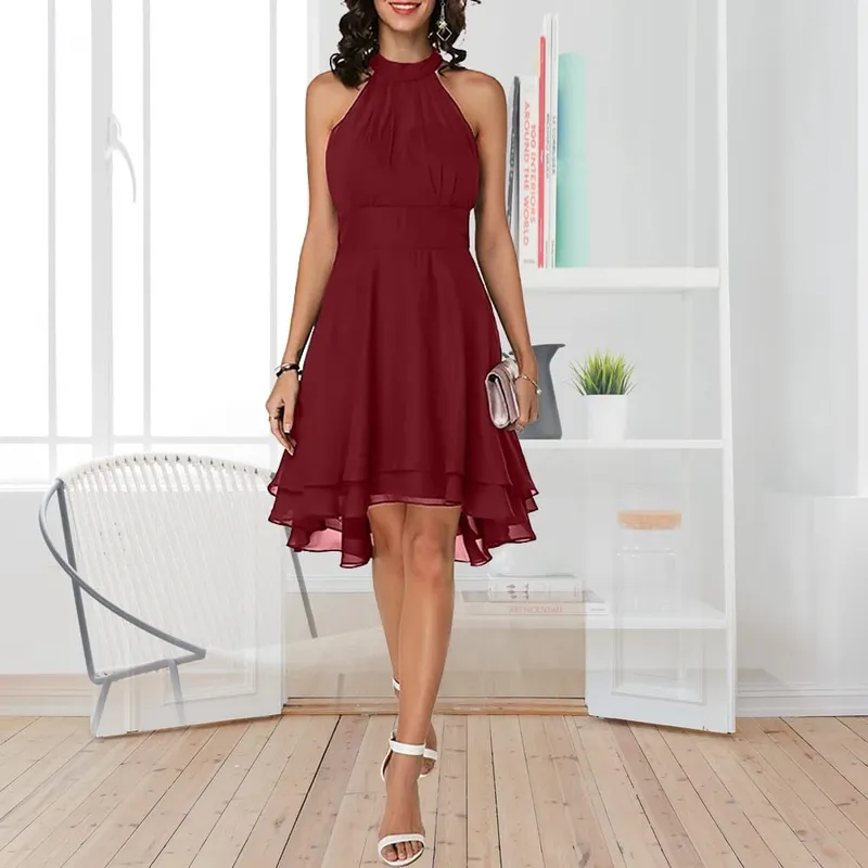 Women Elegant Dress Summer Solid High Waist Halter Sleeveless Midi Dresses Ladies Cropped Layered Chiffon Party Slim Dresses