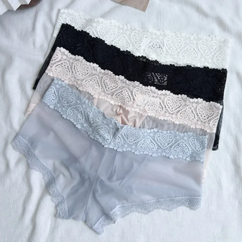 Cuecas masculinas de seda gelo com acabamento de renda fina e sem costura brilhante bolsa 3D calcinha leve confortável lingerie diária