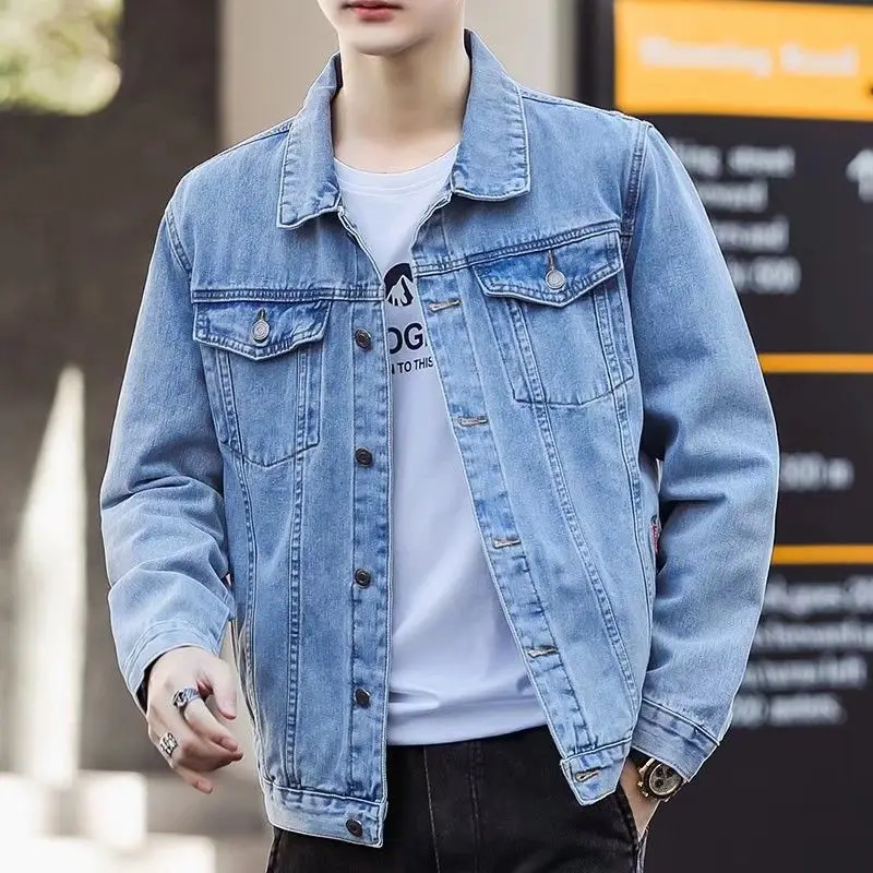 Spring Autumn Men Denim Jackets Casual Solid Color Lapel Single Breasted Jeans Jacket Men Slim Fit Cotton Outwear Jackets