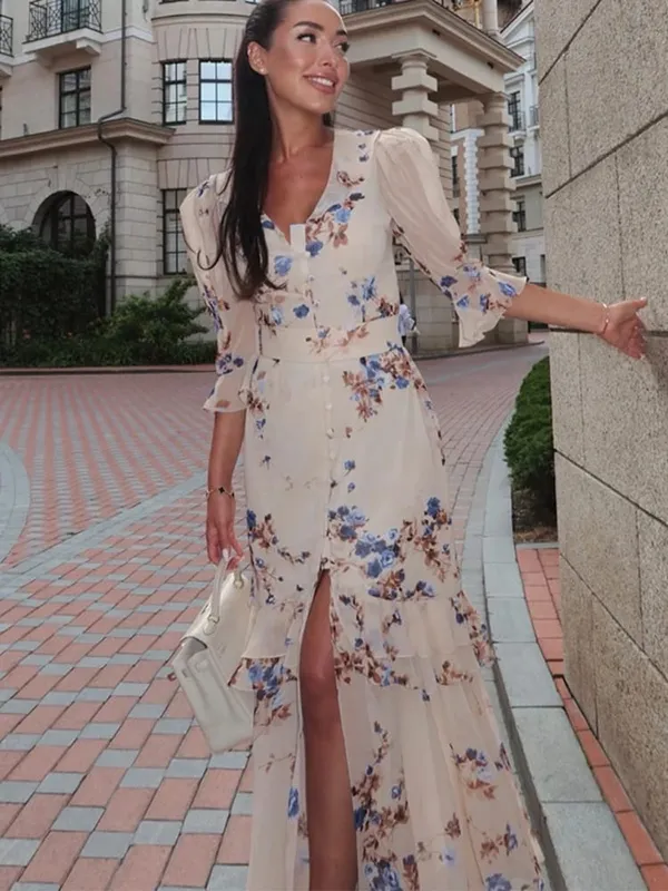 Women Chic Pink Floral Print Maxi Vestido Elegant V Neck Ruffle Trim Flare Sleeve Ruched High Chiffon Dress 2026 Party Outfit