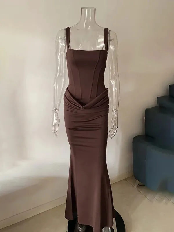 Typhaland Abito maxi pieghettato sottile per le donne Abito da sera sexy senza maniche con scollo tondo Estate 2026 Abiti femminili solidi di moda