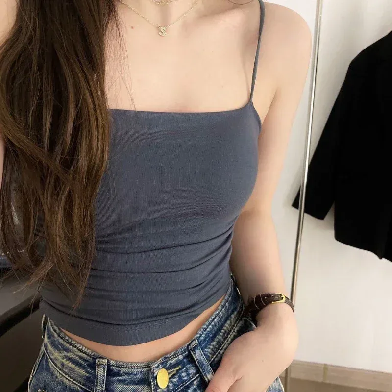 Solid All-Match Pleat Sling Vest Strap Chest Pad Inner Wear Slim Fit Slimming Short Gyaru Outer Wear Top