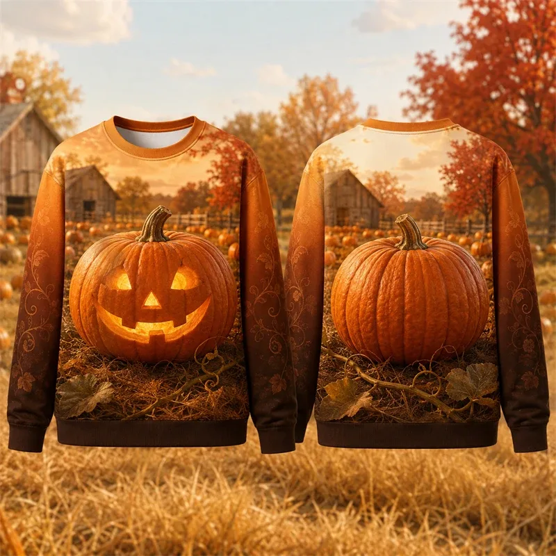 Autumn Winter Halloween Men Sweatshirt 3d Print Vintage Farm Pumpkin Lantern Pullover Sweatshirt Thanksgiving Party Unisex Top