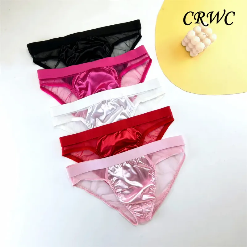 Cuecas masculinas de seda de cetim brilhante sexy cuecas de malha transparente calcinha masculina respirável de secagem rápida