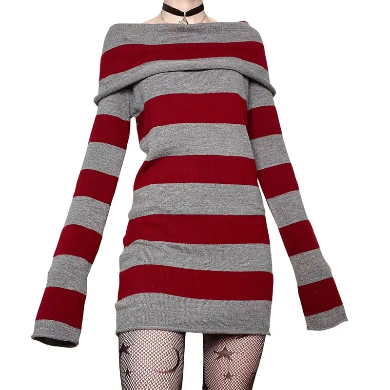 여성 미니 Bodycon 복장 스트라이프 보트 넥 긴 소매 짧은 드레스 봄 가을 감싸 인 힙합 파티 드레스
