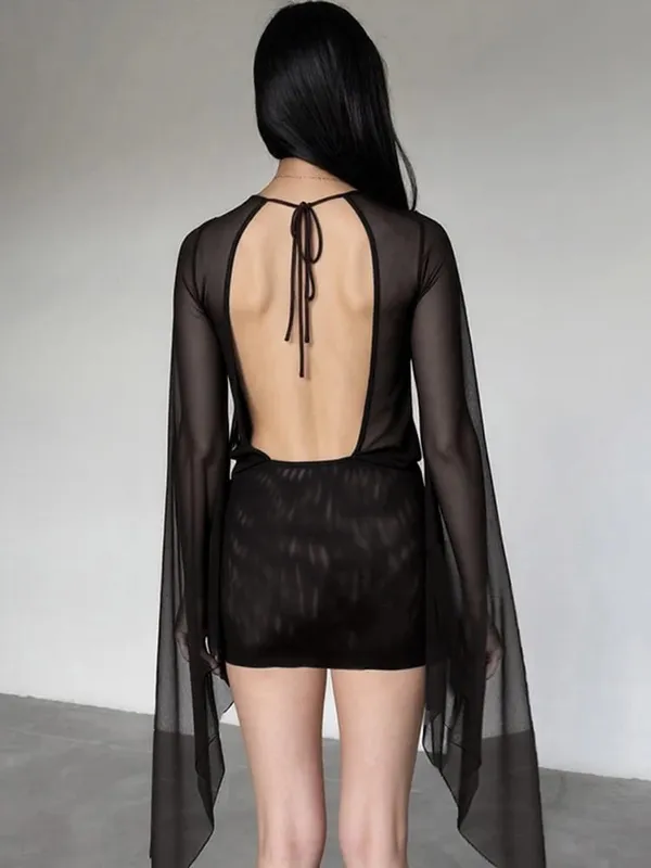 Weird Puss Mesh Sexy Sommerkleid Frauen Kreuz Verband Low-Neck Rückenfrei Aufflackernhülse Mitternachtskokette Mitternachtsparty, figurbetont