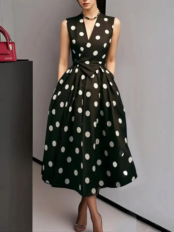 French Polka Dot Dress 2025 Summer Retro New Style Elegant Waist-cinching Dress for Women Sleeveless V-Neck Lace-up Dress — image 3