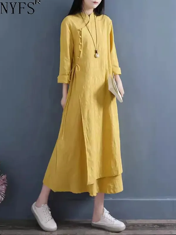 2026 Spring Autumn New Womens Dresses Vestidos Robe Elbise Loose Plus Size Cotton Linen Double Layer Long Dress