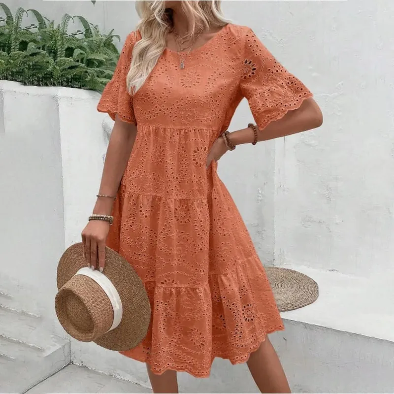 Nữ Trắng Silicon Thêu Đầm Midi Khoét Hở Boho Flowy Xù Tầng Váy Đầm Ngắn Tay Đi Biển Mùa Hè Áo — image 5
