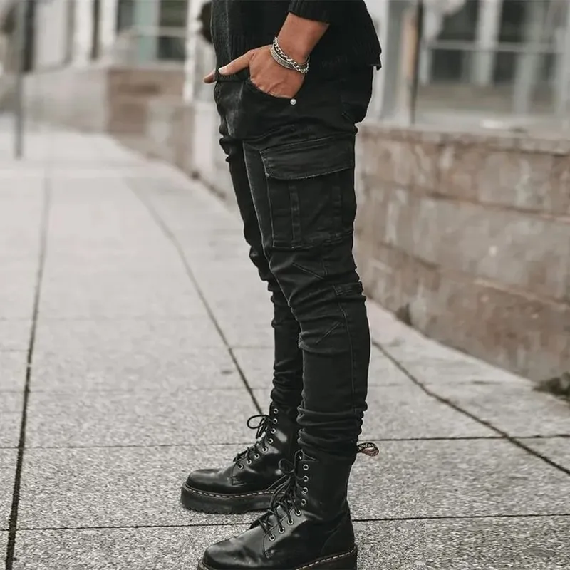 Street Elastic Jeans Men Denim Cargo Pants Wash Solid Color Multi Pockets Casual Mid Waist Trousers Slim Fit Daily Wear Joggers — image 6
