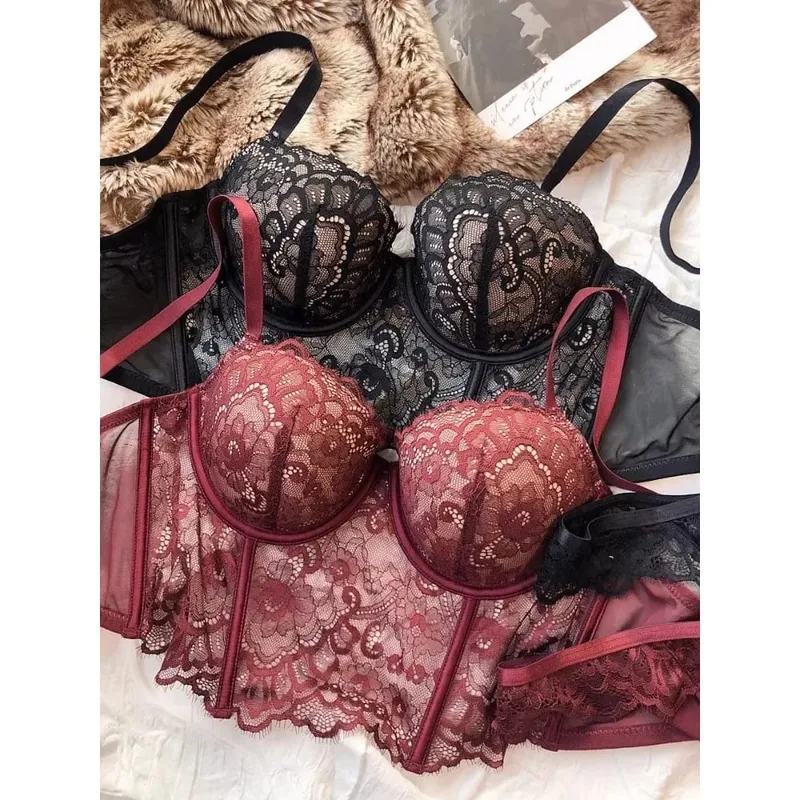 Women French Lace Fishbone Bra Soft Underwire 3/4 Cup Push‑Up Anti Sag Lingerie Slim Side Boob Control Sexy Ladies Underwear
