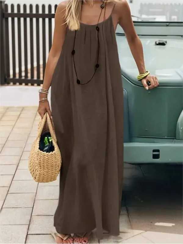 2026 Summer New Casual Seaside Vacation Women Long Skirt Fashionable Solid Color Sexy Suspender Backless Loose Dress Large Size