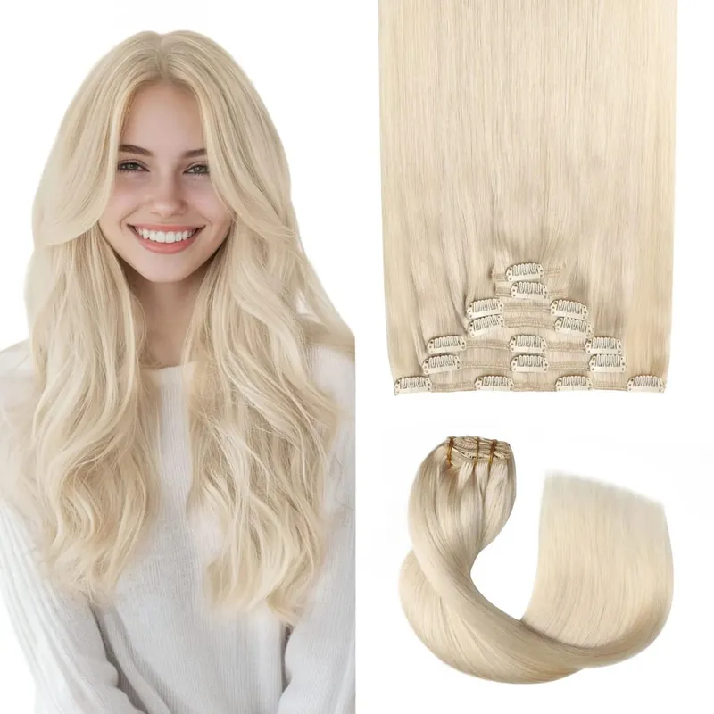 Sweetmet Pro2.0 Clip in Hair Extensions Real Human Hair 120g Thick 7pcs #60 Platinum Blonde Remy Real Human Hair Extensions Clip ins Seamless Double Weft for Women