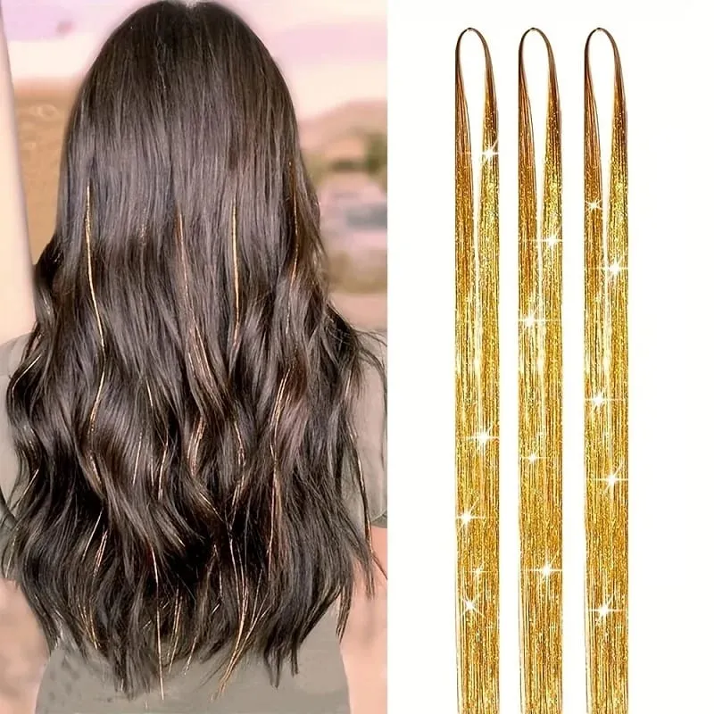 90cm Syntetisk 3st/set Regnbågsfärgat glänsande hår Laser Tinsel Långt rakt Värmebeständigt Fairy Hair Extension Party Dagligen