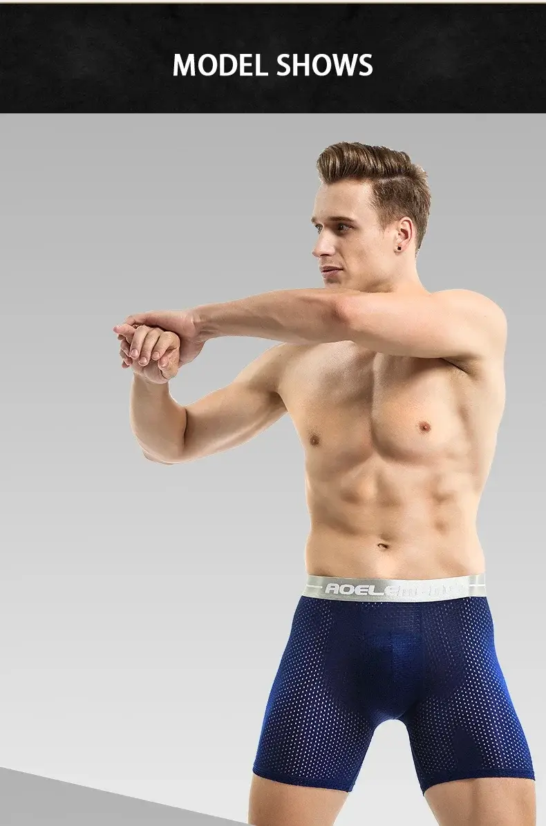 Professional sports men's underwear lengthened anti-wear leg boxer shorts ice silk hollow breathable quick dry running long leg