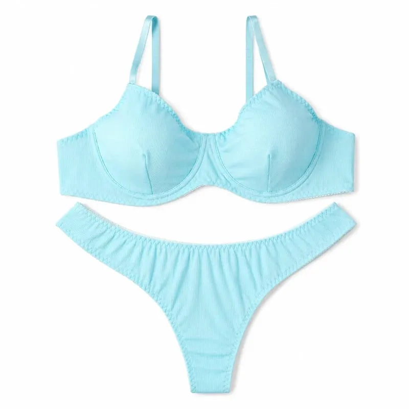 Kadınlar Katı Nervürlü iç çamaşırı seti Balenli Ince Fincan Sutyen Eşleşen Alçak Tanga Yumuşak Günlük Intimates