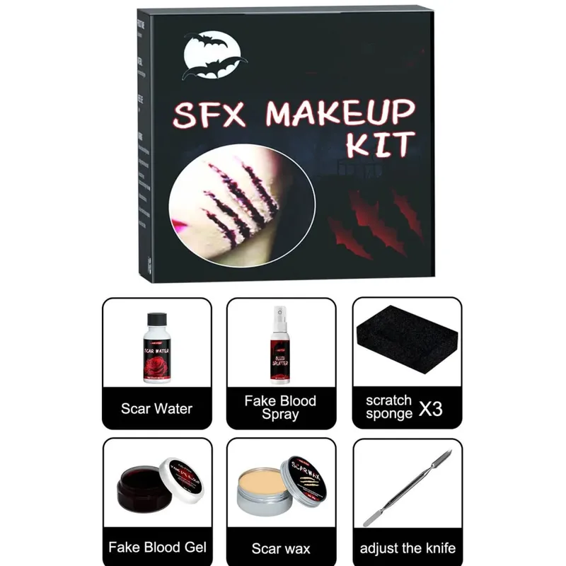 Halloween Special Effects Makeup Kit 1Pc Fake Blood Gel Scar Water Scar Wax Adjust Knife Fake Blood Spray 3Pcs Sponge Set