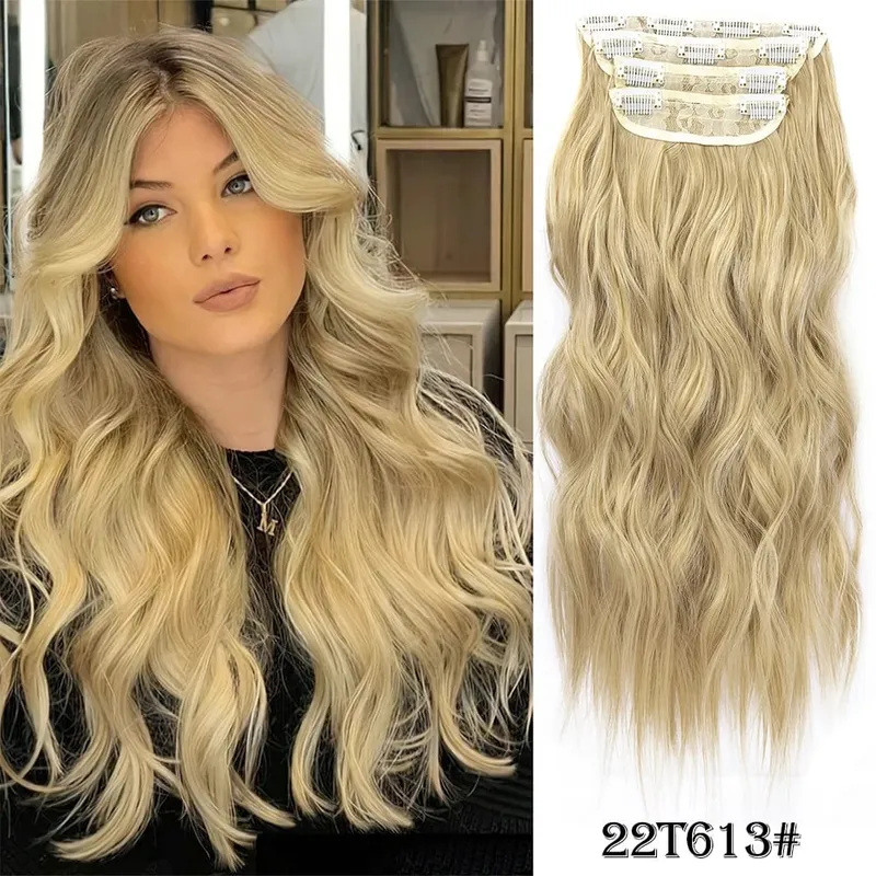 Leeons Wavy Clip In Hair Extensions 4 PCS Natural Soft Long Wavy Hairpieces Thick Double Weft Clip In Hair Extensions For Woman