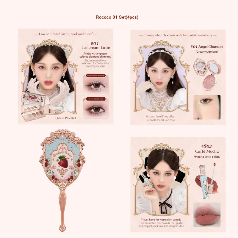 Flower Knows Strawberry Rococo Series Makeup Set Glitter Matte Eyeshadow Palette Blusher Power Velvet Lipstick Kit Perfume Set