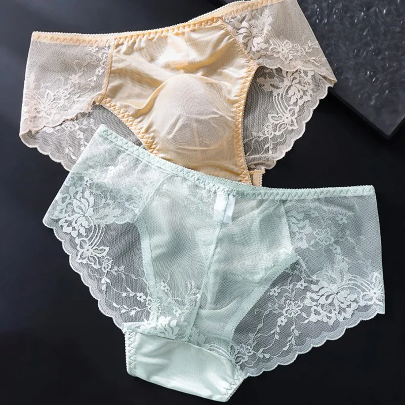 Cuecas masculinas de renda sem costura cuecas de seda gelada 3D bolsa com protuberância calcinha gay de cintura baixa