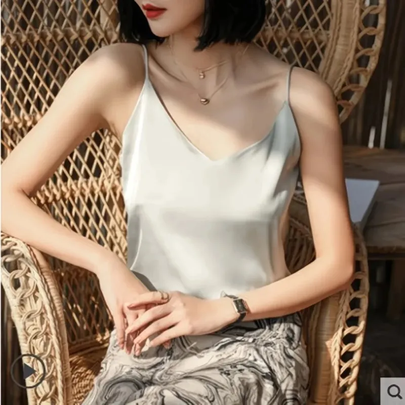 2026 Spaghetti Strap Top Women Halter V Neck Basic White Cami Sleeveless Satin Silk Tank Tops Women's Summer Camisole Crop Top