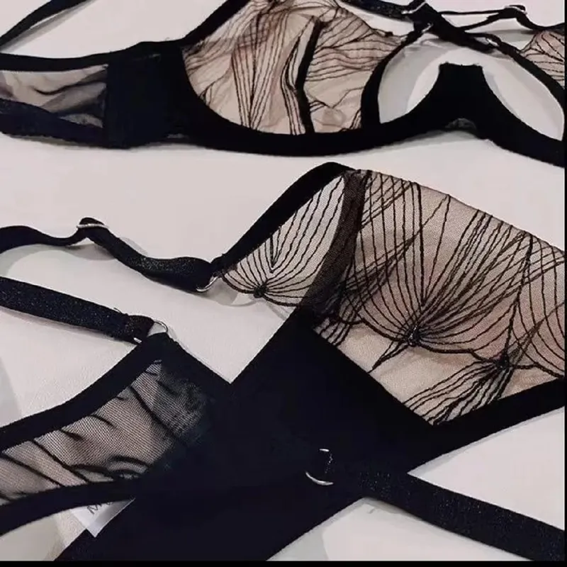 Women Lingerie Set Black Mesh Eyelash Romantic Steel Ring Push Up Underwear Sexy Lace Transparent Triangle Cup Bra and Panty Set