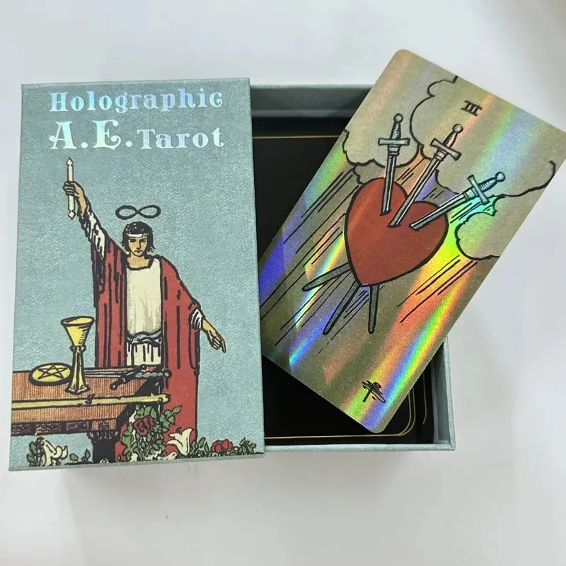 12*7cm Holographic A.E. Tarot Deck In Sliding Rigid Gift Box 78 Pcs Tarot Cards with Guidebook and Drawstring Pouch — image 2