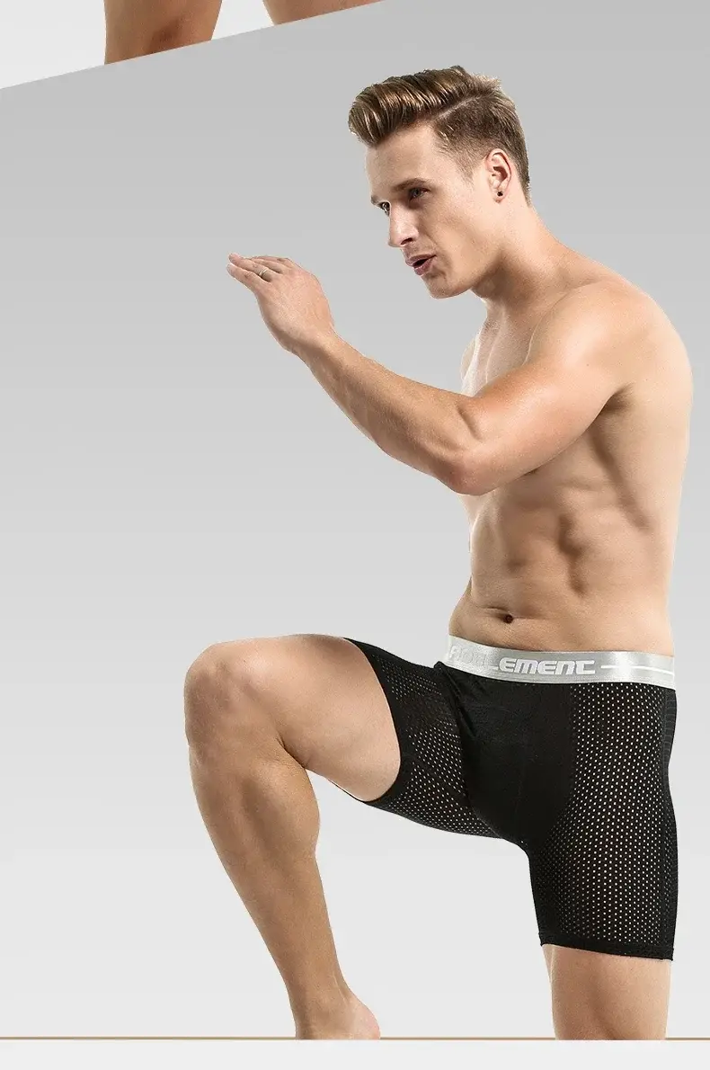 Professional sports men's underwear lengthened anti-wear leg boxer shorts ice silk hollow breathable quick dry running long leg